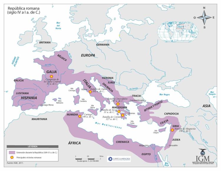 Mapa de la expansión de la República Romana.