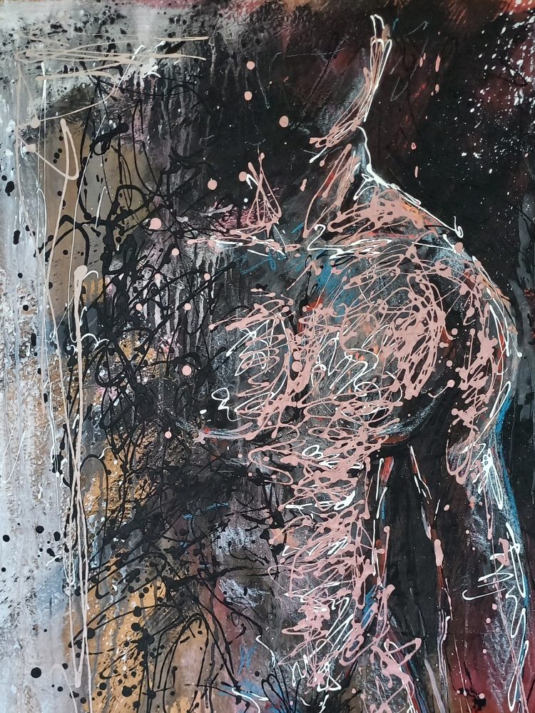 Pintura sobre papel representa el torso de un hombre